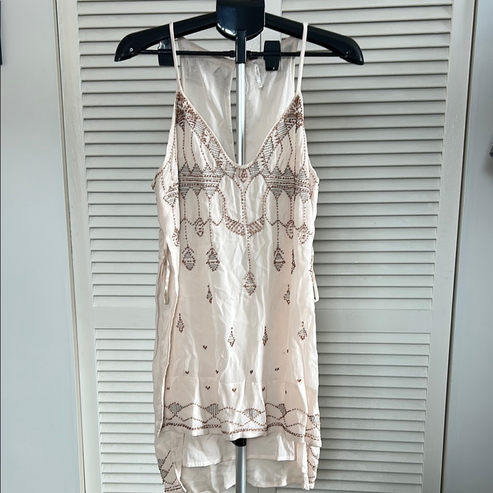Free People Cream and Brown Embroidered Tank Top
